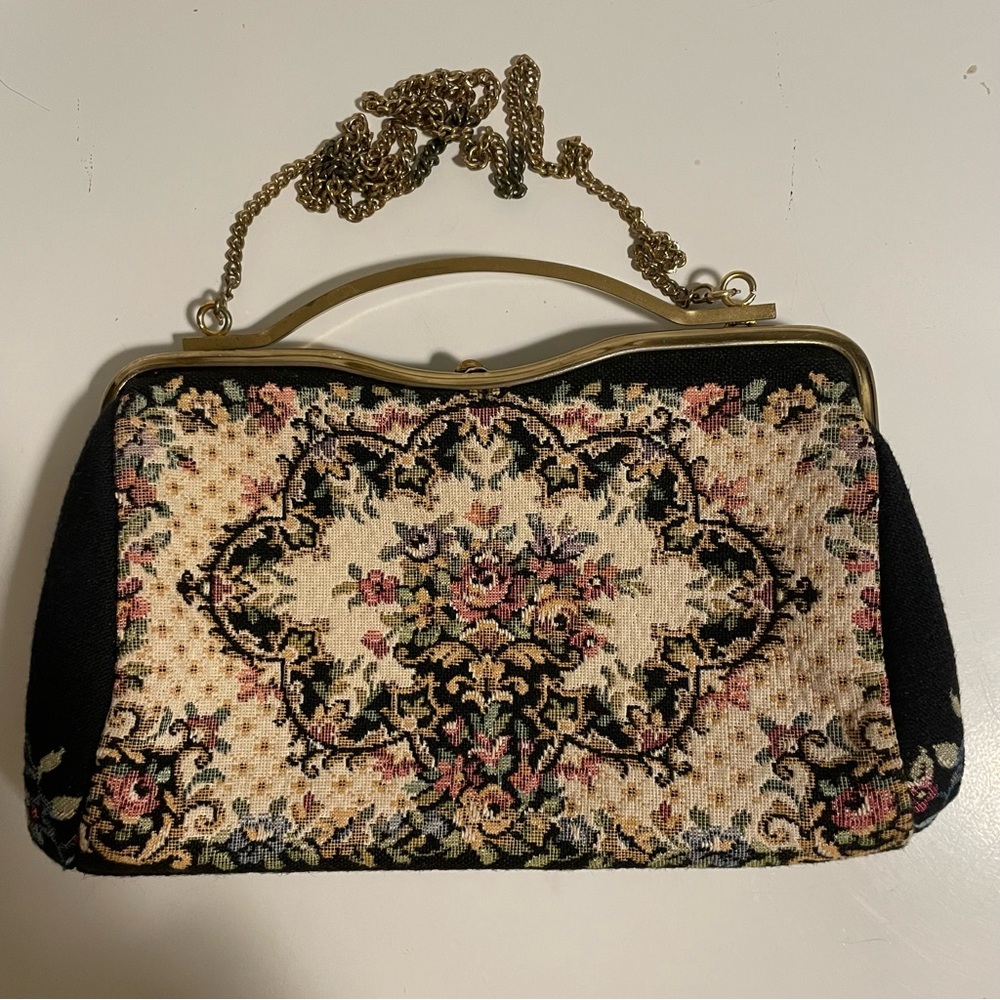 Vintage Petit Point Frame Purse Floral Gold Chain Shoulder Handbag West Germany